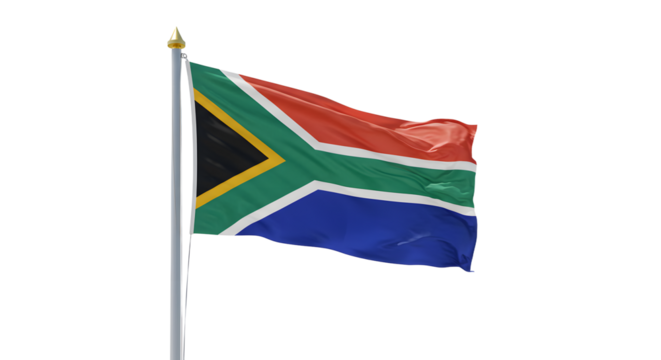 South African national flag waving on flagpole isolated on white background, symbol of South Africa, perfect for cultural and patriotic projects
