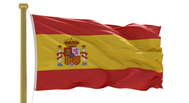 Spain flag waving in the wind isolated on white background, national symbol of Spain for travel and cultural projects