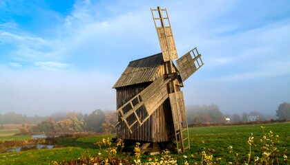 Old wooden windmill in a field