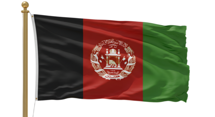 Waving Afghanistan national flag with emblem on flagpole symbolizing patriotism and unity, perfect for cultural and international events