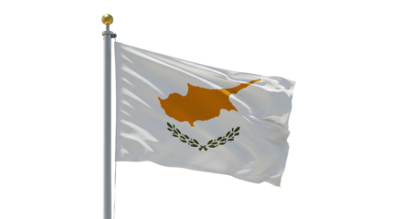 Waving flag of Cyprus with detailed orange map and olive branches on white background, symbol of peace and national identity