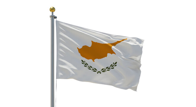 Waving flag of Cyprus with detailed orange map and olive branches on white background, symbol of peace and national identity - Powered by Adobe