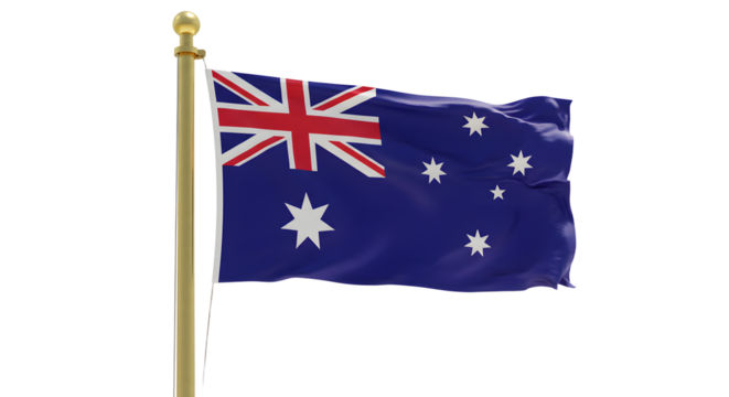 Waving Australian flag on a gold pole isolated on white background, symbol of Australia and patriotism