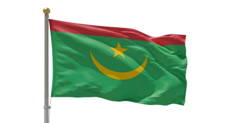 Waving flag of Mauritania with red and green colors, golden crescent and star on a pole, symbolizing national pride and identity