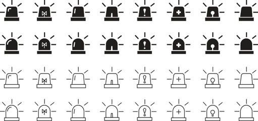 Emergency siren icons set in flat and line styles. Alert lamp symbols collection and warning group. Ambulance, police, fire urgency, alarm light, hazard attention, danger signal, and emergency beacon.