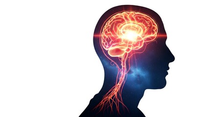 Digital illustration of a human silhouette with a glowing brain and nervous system, symbolizing intelligence, innovation, and consciousness