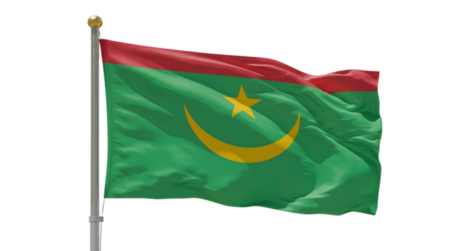 Waving flag of Mauritania with red and green colors, golden crescent and star on a pole, symbolizing national pride and identity