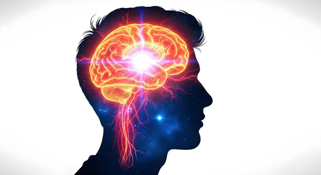 Conceptual art of human intelligence, featuring a glowing active brain with a neural network inside a head silhouette.