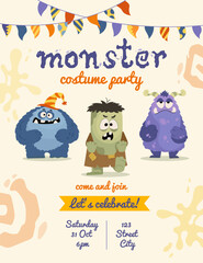 Colorful monster party banner in playful style. Cartoon design with adorable creatures for birthday. Vector template with fun monster characters for party invitations, flyers and festive holiday card