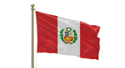 Fototapeta premium Waving Peru flag on pole with clear white background, national symbol of Peru, perfect for cultural or patriotic uses