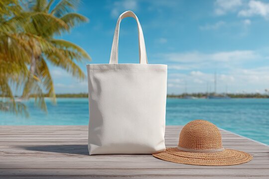 Blank white canvas tote bag on sandy beach with sun hat and towel, palm trees and blue ocean in background, perfect for branding or summer vacation theme
