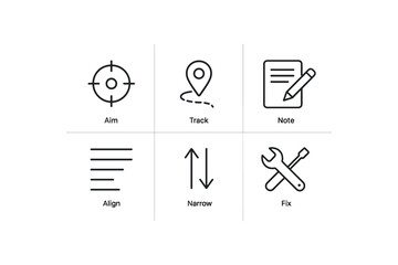 Fototapeta premium simple outline stroke icon items monoline icons style isolated on white background focus (actions): aim track note align narrow fix