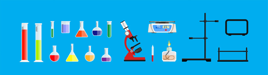 Collection of laboratory equipment, including test tubes, flasks, a microscope, and scales. Science and research concept.
