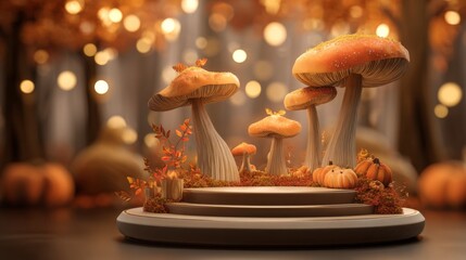 Moss stone podium eco yellow golden shiny magic background. Beauty cosmetics concept. Forest miniature platform showcase. 3d professional photography. Autumn dreamy aesthetic
