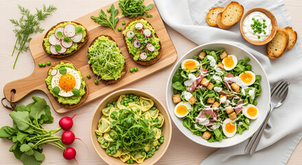 Delicious and Healthy Food Spread Avocado Toast Salad and Pasta