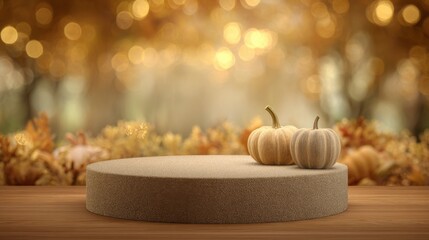Moss stone podium eco yellow golden shiny magic background. Beauty cosmetics concept. Forest miniature platform showcase. 3d professional photography. Autumn dreamy aesthetic