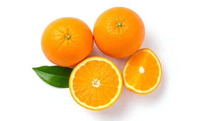 Vibrant Juicy Oranges: Two Whole and Two Halves with Fresh Green Leaves on White Background, Studio Shot, Healthy Food Concept.