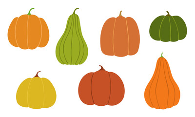 Pumpkin doodle set. Hand-drawn autumn elements, harvest vegetables and cozy fall collection. Vector illustration for Thanksgiving, Halloween and seasonal decor.