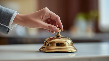 Close up a hand of woman ringing service bell at hotel reception, Service bell for assistance, Reception bell, Hotel service, Hospitality concept
