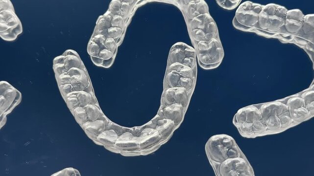 Transparent invisible dental aligners or braces aplicable for an orthodontic dental treatment. Invisible dental teeth brackets tooth aligners on blue background. Plastic braces dentistry retainers