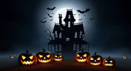 “Glowing pumpkin lanterns placed in front of a haunted house silhouette, dark night sky with bats and moonlight.”