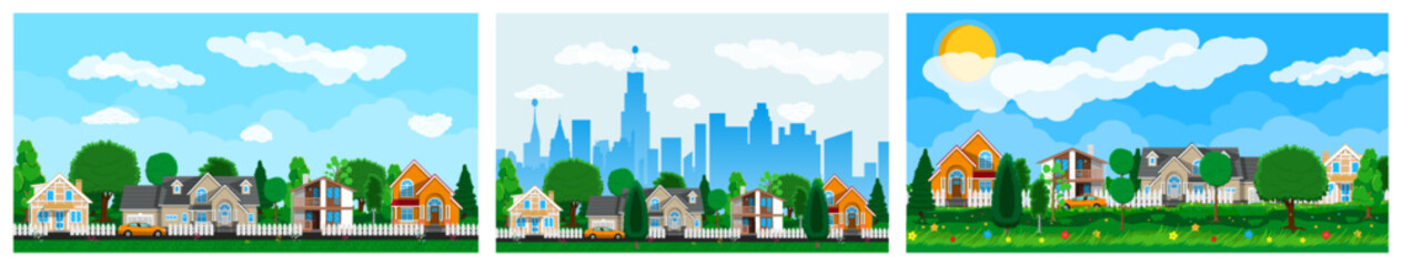 Set of three suburban landscapes with modern houses, green trees, and blue sky. City skyline and residential area banner collection.