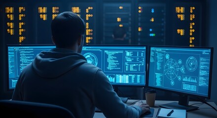 A person in a dark server room, focused on multiple computer screens displaying complex data.