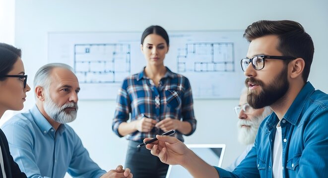 A diverse group of professionals, including men and women, are gathered around a table in a meeting, discussing plans and collaborating on a project.