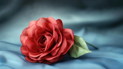 Beautiful red rose on soft fabric background with gentle lighting