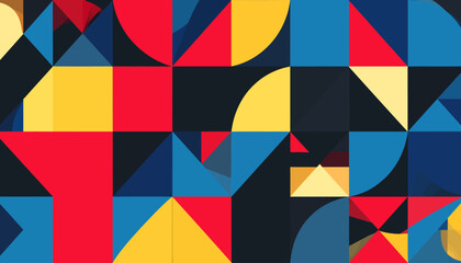 Abstract Geometric Pattern Red, Blue, Yellow Triangles and Circles