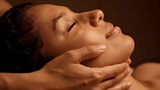 Close up of a serene woman receiving a professional facial and neck massage at a luxurious spa promoting relaxation wellness and self care beauty treatment