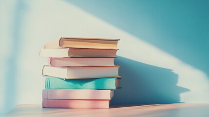 Colorful stack of books on a wooden surface with soft shadows during daylight