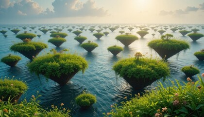 "A creative natural panorama, floating gardens of vibrant greenery scattered across a vast, tranquil ocean, the air filled with a golden dreamy glow."
