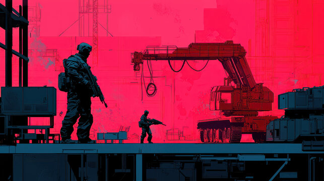 Comic book style image of sci fi scene featuring soldiers and heavy machinery, evoking sense of tension and action