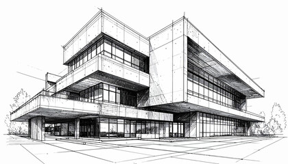 Architectural Sketch Modern Building Design Perspective Drawing