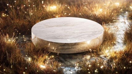 Moss stone podium eco yellow golden shiny magic background. Beauty cosmetics concept. Forest miniature platform showcase. 3d professional photography. Autumn dreamy aesthetic