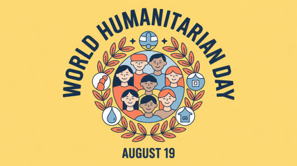 World humanitarian day august 19 diverse group of people united in a laurel wreath emblem