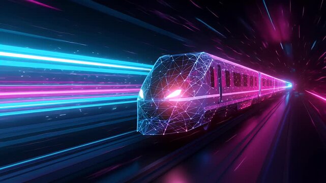 Futuristic neon train with glowing light trails animation
