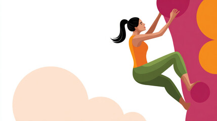 Asian female rock climber scaling colorful wall in dynamic pose