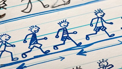 Simple stick figures walking in a line on lined paper