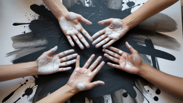 Diverse group of hands covered in white and black paint creating art together in a studio