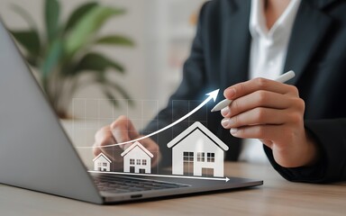 Business professional analyzing real estate investment growth on laptop finance