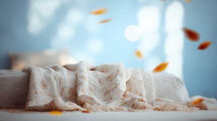 Cozy bedroom with scattered autumn leaves and soft linens in a serene setting