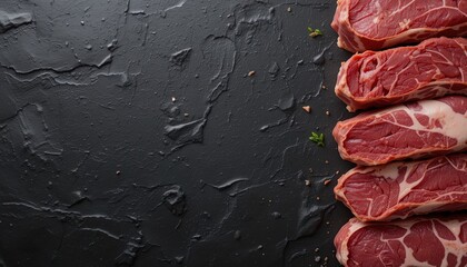 Raw steak cuts arranged in a row on a dark textured surface, showcasing the rich red hues of the meat.