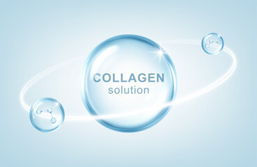 Glossy blue collagen drop with molecular structure and light orbit. Beauty and skincare concept. Vector illustration
