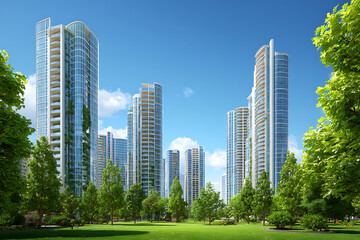 Obraz premium Luxurious modern residential high-rise towers with lush green park on a beautiful sunny day perfect for real estate