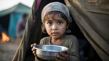 Young child with large expressive eyes holds an empty metal bowl in a humanitarian crisis setting