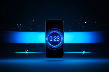 Futuristic phone displaying countdown timer with glowing blue lights technology digital