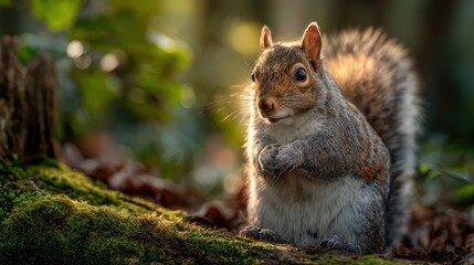 Obraz premium Squirrel Sitting on Mossy Tree Log Eating – Forest Background and Morning Light – 8K Professional Wildlife Photography