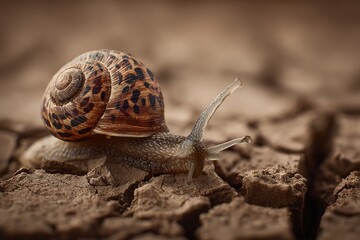 Close-up of a snail with a leopard-patterned shell crawling slowly on cracked earth, captured in natural light with delicate texture and National Geographic-style detail.